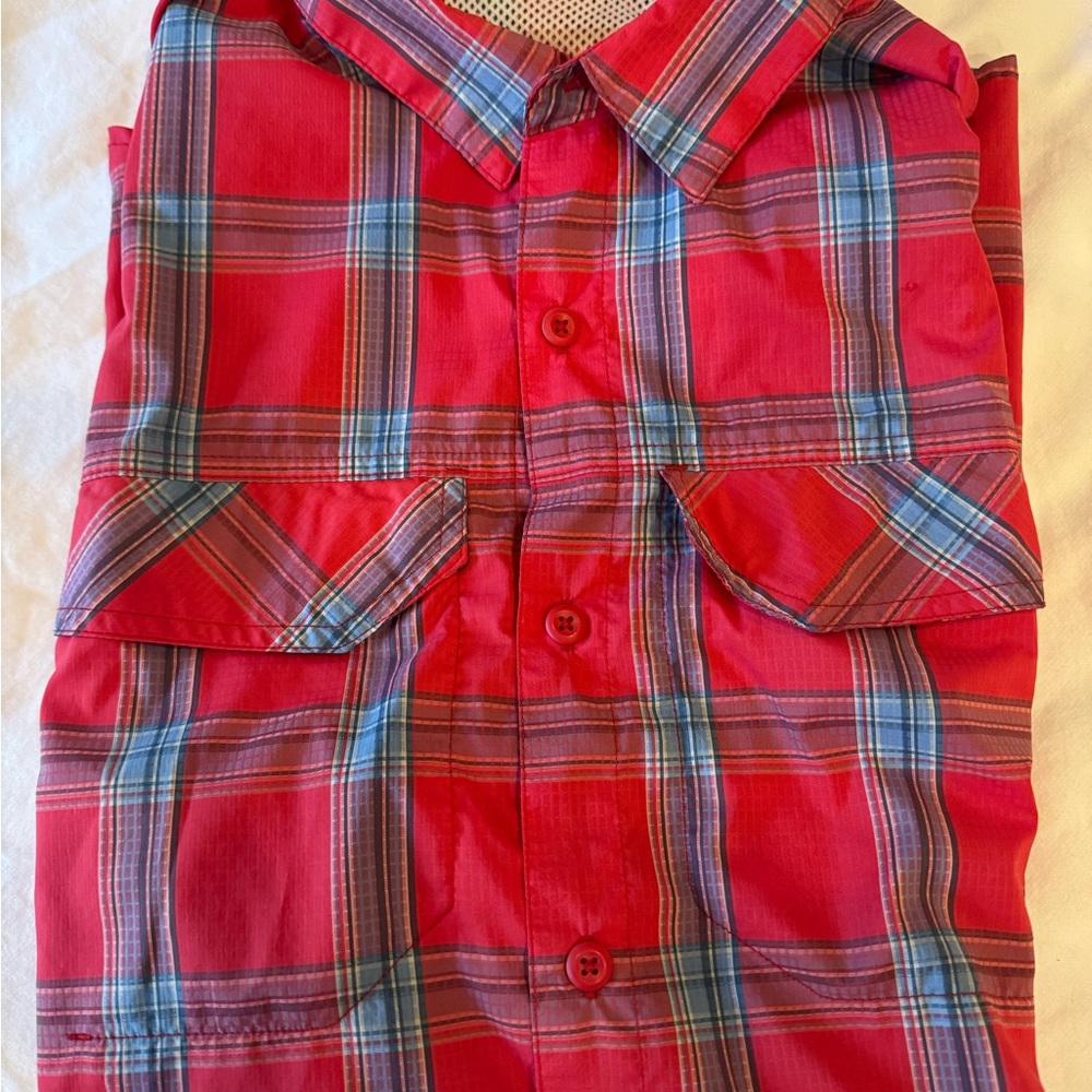 Columbia UV protection red plaid shirt.